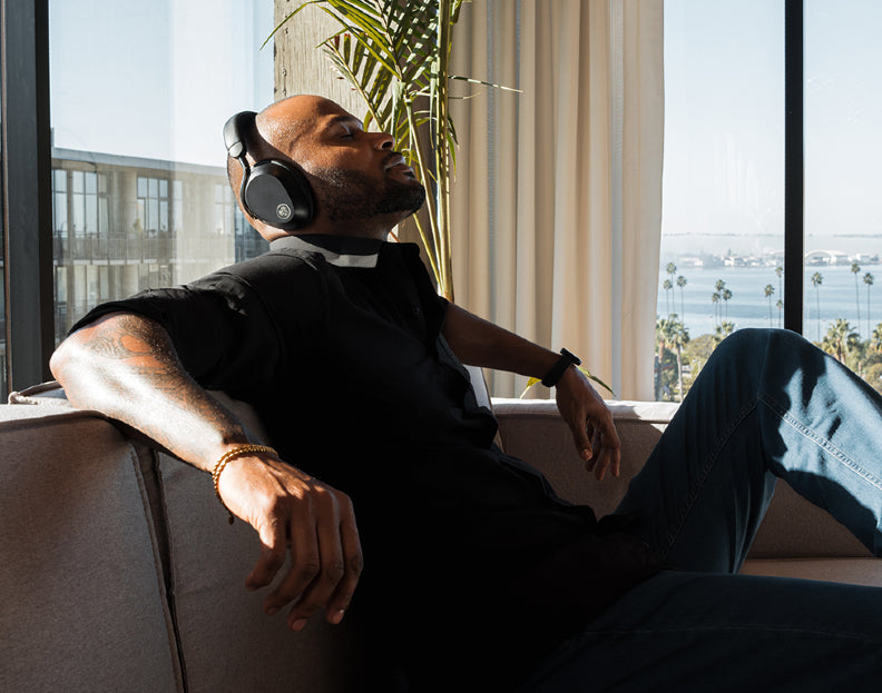 Epic Lux Lab Edition noise cancelling over-ear headphones in use
